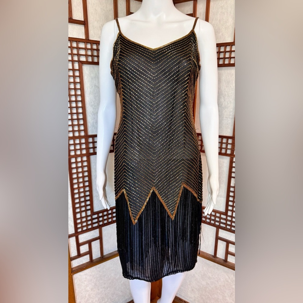 Vintage A.J. BARI beaded Silk Dress Art Deco Fringe Flapper Cocktail Size 0-2